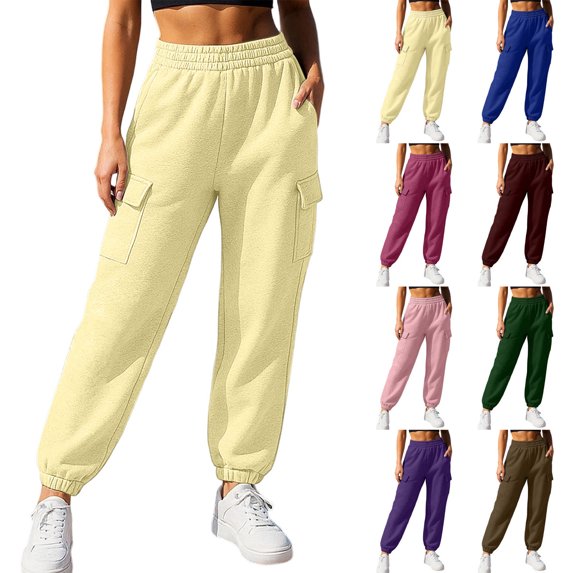 XRoczxe Women Elastic Waist Cargo Jogger Sweatpants Drawstring Cuff Draped Wrinkle Resistant Soft Warm Casual Street Trousers Multi Solid Fashion Colors