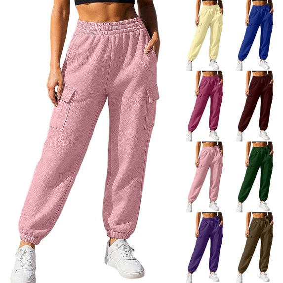 XRoczxe Women Elastic Waist Cargo Jogger Sweatpants Drawstring Cuff Draped Wrinkle Resistant Soft Warm Casual Street Trousers Multi Solid Fashion Colors