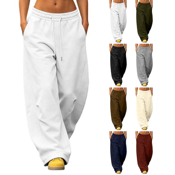 XRoczxe Women Fleece Lined Wide Leg Sweatpants Drawstring Elastic Waist Wrinkle Resistant Soft Thermal Casual Trousers Multi Solid Cool Streetwear Colors White