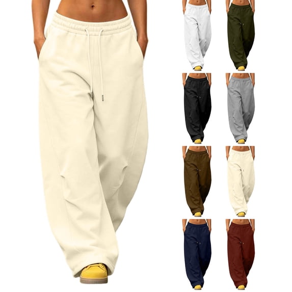 XRoczxe Women Fleece Lined Wide Leg Sweatpants Drawstring Elastic Waist Wrinkle Resistant Soft Thermal Casual Trousers Multi Solid Cool Streetwear Colors Beige