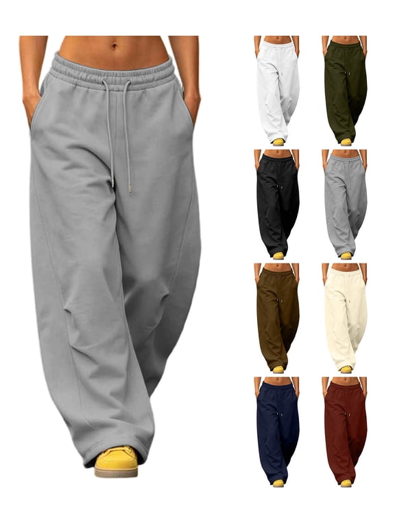 Women Fleece Lined Wide Leg Sweatpants Drawstring Elastic Waist Wrinkle Resistant Soft Thermal Casual Trousers Multi Solid Cool Streetwear Colors