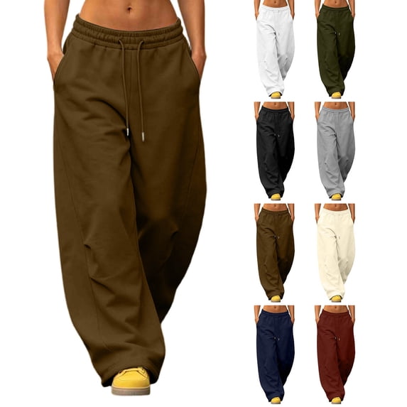 XRoczxe Women Fleece Lined Wide Leg Sweatpants Drawstring Elastic Waist Wrinkle Resistant Soft Thermal Casual Trousers Multi Solid Cool Streetwear Colors Brown