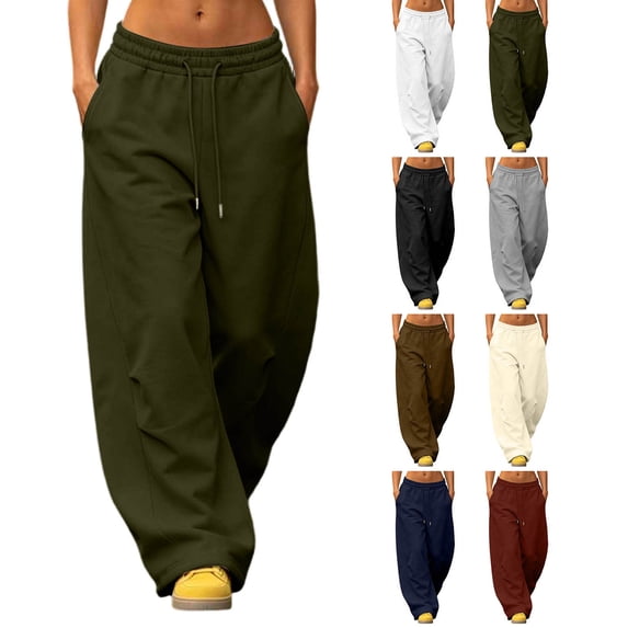 XRoczxe Women Fleece Lined Wide Leg Sweatpants Drawstring Elastic Waist Wrinkle Resistant Soft Thermal Casual Trousers Multi Solid Cool Streetwear Colors