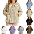 thumbnail image 1 of XRoczxe Women Fuzzy Fleece Button Front Sleep Jacket Lace Ruffle Peter Pan Collar Large Side Pockets Soft Warm Winter Loungewear Coat 7 Elegant Solid Colors, 1 of 5