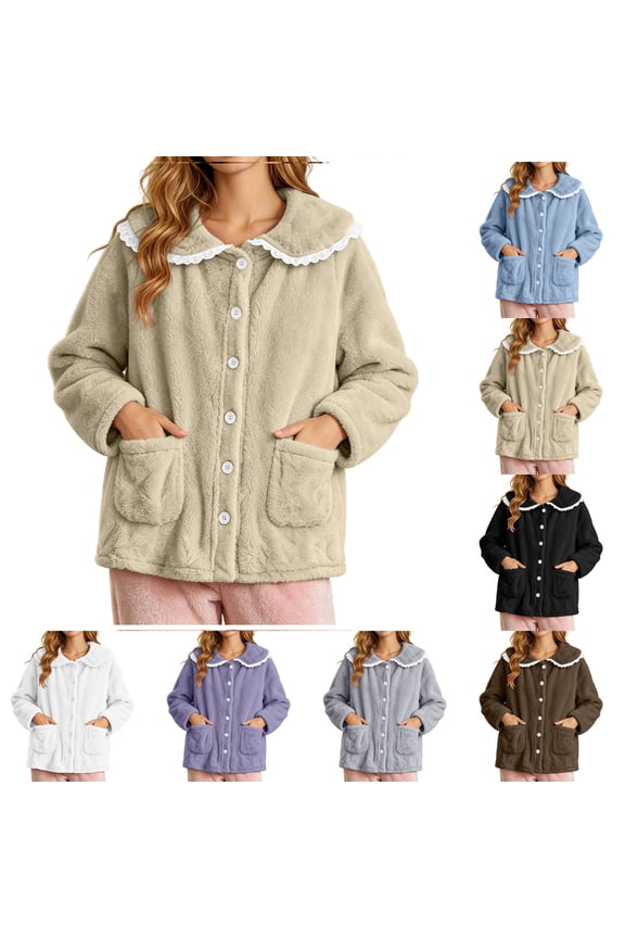 Women Fuzzy Fleece Button Front Sleep Jacket Lace Ruffle Peter Pan Collar Large Side Pockets Soft Warm Winter Loungewear Coat 7 Elegant Solid Colors