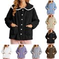 thumbnail image 1 of XRoczxe Women Fuzzy Fleece Button Front Sleep Jacket Lace Ruffle Peter Pan Collar Large Side Pockets Soft Warm Winter Loungewear Coat 7 Elegant Solid Colors, 1 of 2