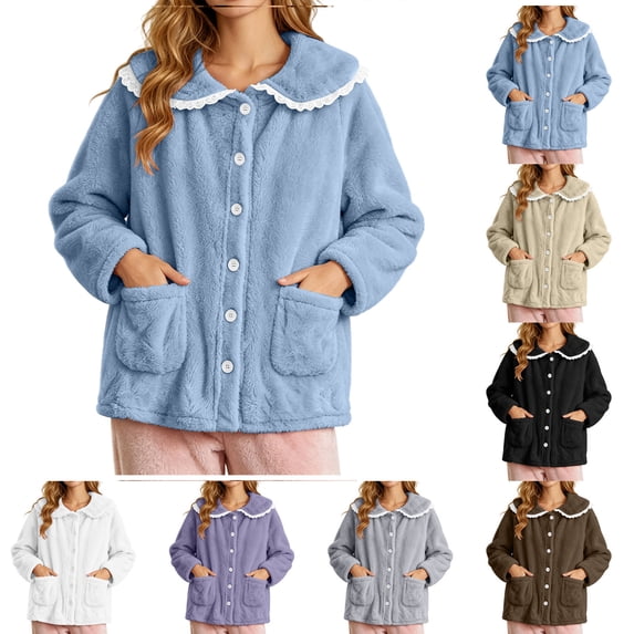 XRoczxe Women Fuzzy Fleece Button Front Sleep Jacket Lace Ruffle Peter Pan Collar Large Side Pockets Soft Warm Winter Loungewear Coat 7 Elegant Solid Colors