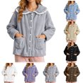 thumbnail image 1 of XRoczxe Women Fuzzy Fleece Button Front Sleep Jacket Lace Ruffle Peter Pan Collar Large Side Pockets Soft Warm Winter Loungewear Coat 7 Elegant Solid Colors, 1 of 5