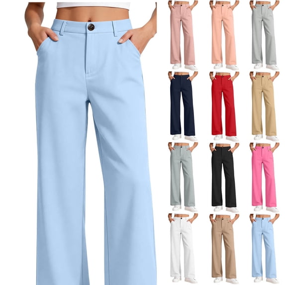 XRoczxe Women High Waist Wide Leg Dress Pants Button Zipper Closure Casual Trousers With Side Pockets Multi Solid Color All Figure Fit Office Daily Wear