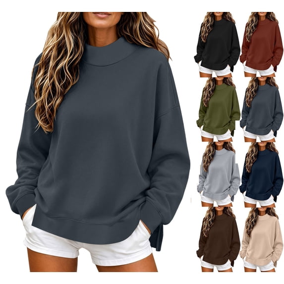 XRoczxe Women Mock Neck Long Sleeve Sweatshirt Solid Loose Side Split Pullover Casual Fleece Crewneck Top Relaxed Daily Basic Sweat Tops Multiple Neutral Solid Colors Dark Gray