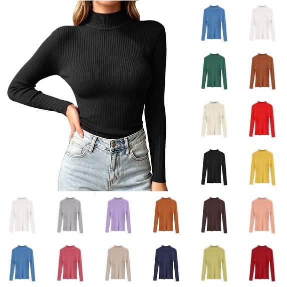 XRoczxe Women Mock Neck Rib Knit Long Sleeve Top Slim Fit Wrinkle Resistant Soft Thermal Layering Shirt Multi Fresh Solid Colors for Autumn Winter