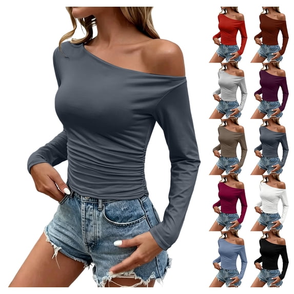 XRoczxe Women Off Shoulder Long Sleeve Top Ruched Slim Fit Solid Blouse Soft Stretch Casual Shirt, Can Be Worn Alone or Layered