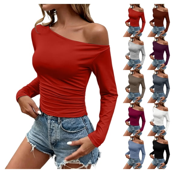 XRoczxe Women Off Shoulder Long Sleeve Top Ruched Slim Fit Solid Blouse Soft Stretch Casual Shirt, Can Be Worn Alone or Layered
