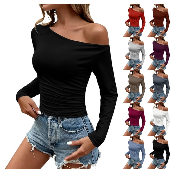 XRoczxe Women Off Shoulder Long Sleeve Top Ruched Slim Fit Solid Blouse Soft Stretch Casual Shirt, Can Be Worn Alone or Layered