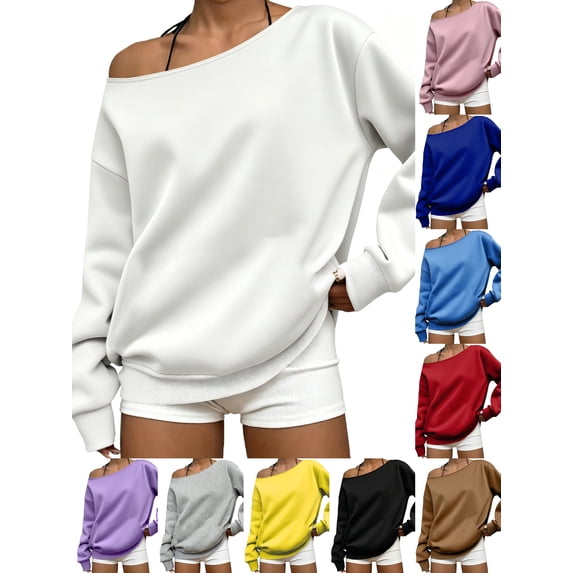 XRoczxe Women Off‑the‑Shoulder Long Sleeve Sweatshirt, Casual Slant Neck Loose‑Fit Solid Color Pullover Top For Daily Leisure White