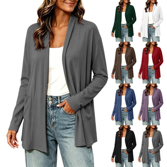 XRoczxe Women Open Front Mid Length Cardigan Long Sleeve Solid Knit Outerwear With Pockets Wrinkle Resistant Casual Layering Jacket for Spring Autumn