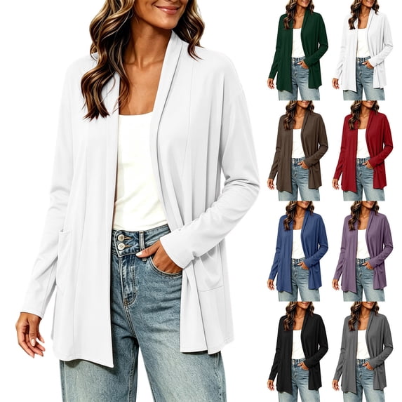XRoczxe Women Open Front Mid Length Cardigan Long Sleeve Solid Knit Outerwear With Pockets Wrinkle Resistant Casual Layering Jacket for Spring Autumn