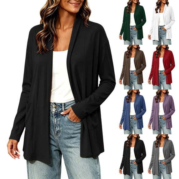 XRoczxe Women Open Front Mid Length Cardigan Long Sleeve Solid Knit Outerwear With Pockets Wrinkle Resistant Casual Layering Jacket for Spring Autumn
