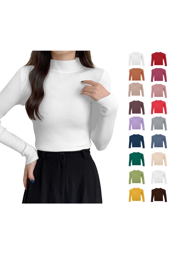 Women Ribbed Half Turtleneck Slim Fit Long Sleeve Knit Top Figure Flattering Soft Skin-Friendly Windproof Thermal Base Layer Multi Fresh Solid Color Winter Layering Shirt