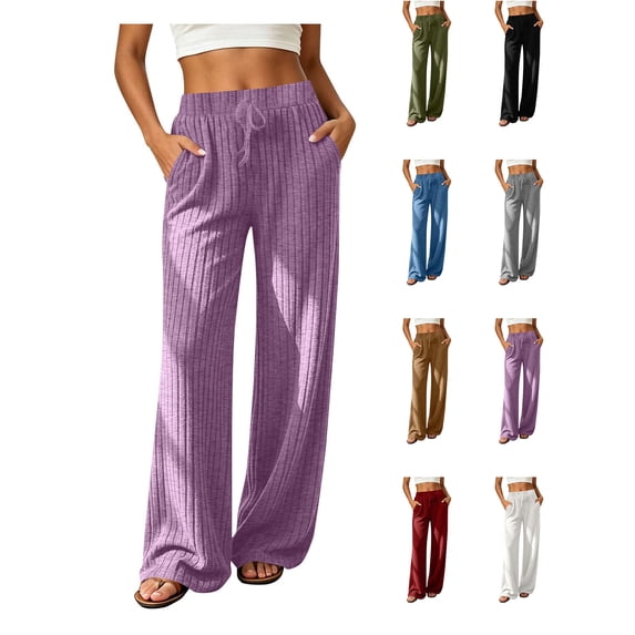 XRoczxe Women Ribbed Knit Wide‑Leg Pants, Drawstring Elastic Waist Brushed Casual Long Trousers With Side Pockets, Multi‑color Solid Pants