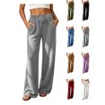 thumbnail image 1 of XRoczxe Women Ribbed Knit Wide‑Leg Pants, Drawstring Elastic Waist Brushed Casual Long Trousers With Side Pockets, Multi‑color Solid Pants, 1 of 8