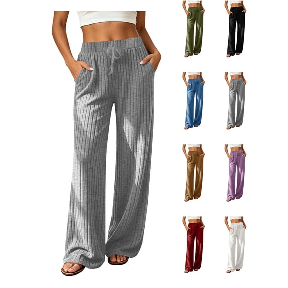 XRoczxe Women Ribbed Knit Wide‑Leg Pants, Drawstring Elastic Waist Brushed Casual Long Trousers With Side Pockets, Multi‑color Solid Pants