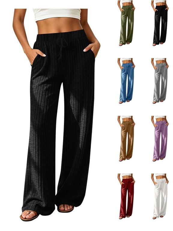 Women Ribbed Knit Wide‑Leg Pants, Drawstring Elastic Waist Brushed Casual Long Trousers With Side Pockets, Multi‑color Solid Pants