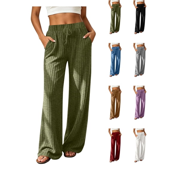 XRoczxe Women Ribbed Knit Wide‑Leg Pants, Drawstring Elastic Waist Brushed Casual Long Trousers With Side Pockets, Multi‑color Solid Pants