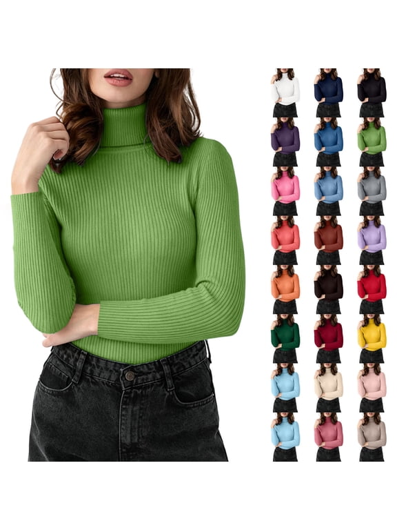 Women Ribbed Turtleneck Long Sleeve Knit Top, Slim Fit Basic Pullover, Versatile Fall Winter Layering Sweater
