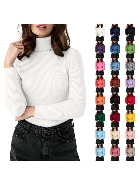 Women Ribbed Turtleneck Long Sleeve Knit Top, Slim Fit Basic Pullover, Versatile Fall Winter Layering Sweater
