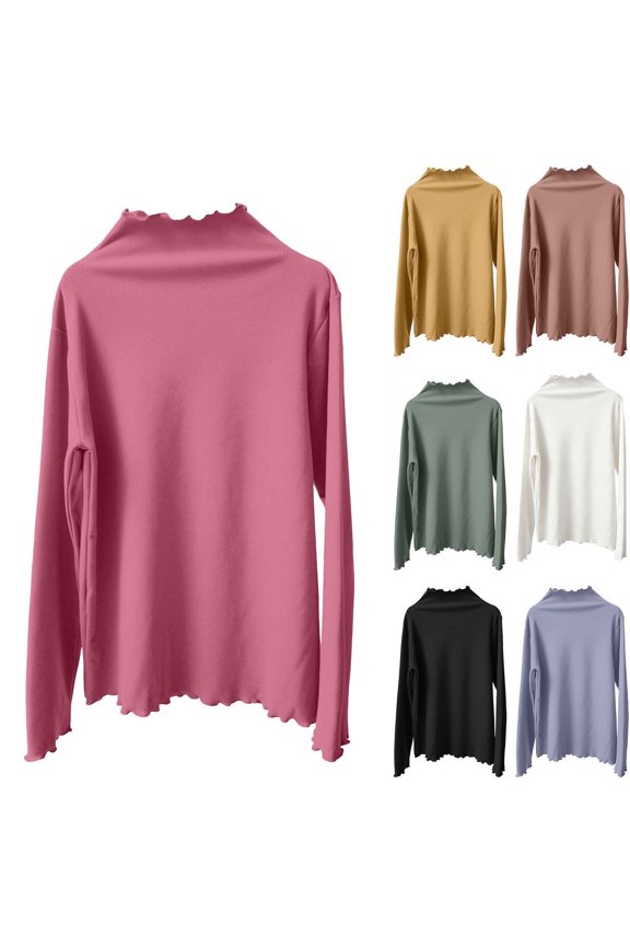 Women Ruffle Trim Half Turtleneck Long Sleeve Thermal Top Soft Skin-Friendly Solid Basic Layering Shirt Multi Fresh Color Windproof Warm Winter Base Layer