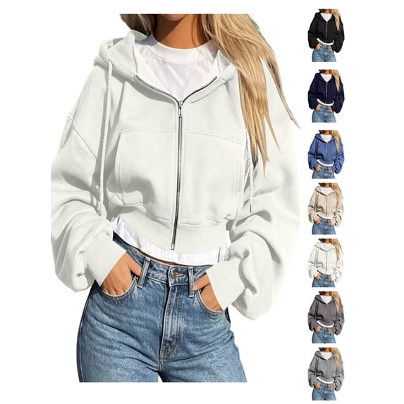 XRoczxe Women Solid‑Color Cropped Zip‑Up Hooded Jacket, Long Sleeve Drawstring Casual Short Hoodie Outerwear With Side Pockets