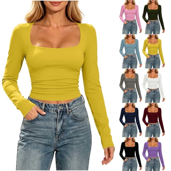 XRoczxe Women Solid Square Neck Long Sleeve Crop Top Side Ruched Slim Fitted Basic Shirt Stretch Casual Daily Layering Tee Multiple Fashion Solid Colors Yellow