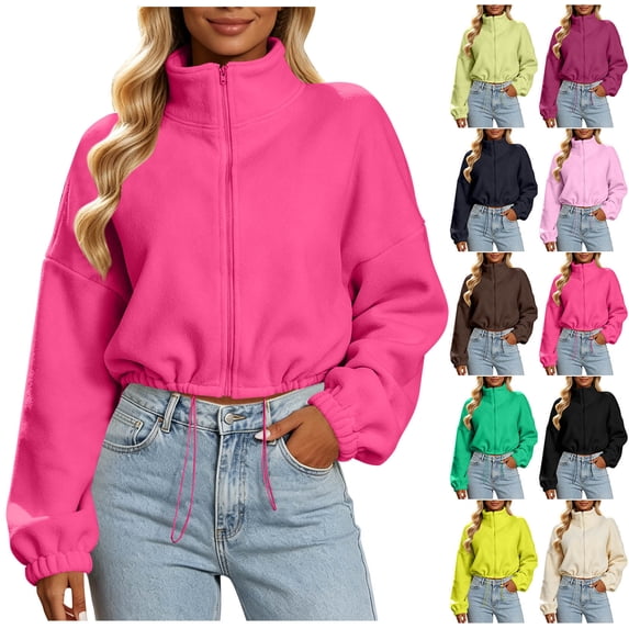 XRoczxe Women Stand Collar Full Zip Fleece Cropped Jacket Drawstring Hem Drop Shoulder Long Sleeve Casual Warm Polar Fleece Outerwear Multiple Solid Colors Hot Pink
