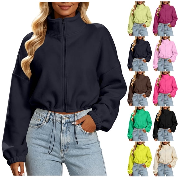XRoczxe Women Stand Collar Full Zip Fleece Cropped Jacket Drawstring Hem Drop Shoulder Long Sleeve Casual Warm Polar Fleece Outerwear Multiple Solid Colors Navy