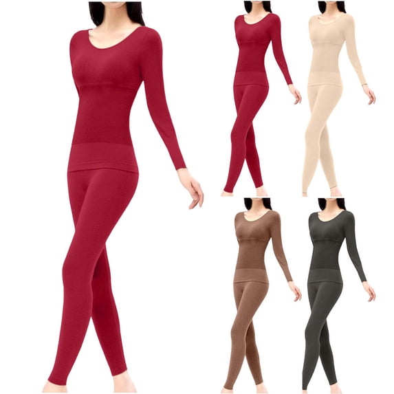XRoczxe Women Textured Scoop Neck Thermal Underwear Set High Waist Tummy Control Soft Skin-Friendly Warm Slim Fit Long Sleeve Top & Pants Multi Solid Color Winter Base Layer Suit