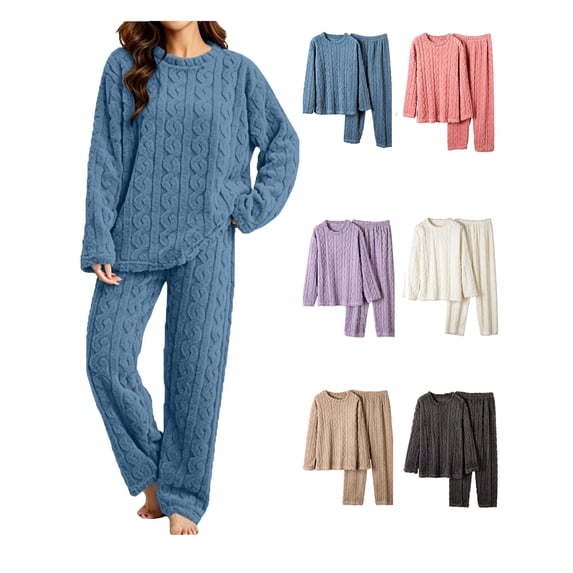 XRoczxe Women’s 2‑Piece Fleece Pajama Set, Cable‑Textured Long‑Sleeve Crew‑Neck Top & Wide‑Leg Sleep Pants Loungewear