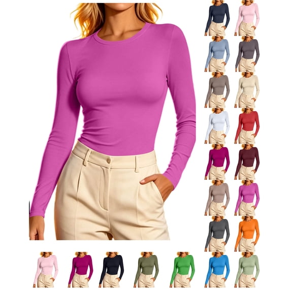 XRoczxe Women’s Crew Neck Long‑Sleeve Fitted Basic Shirt, Solid‑Color Stretchy Casual Layering Top