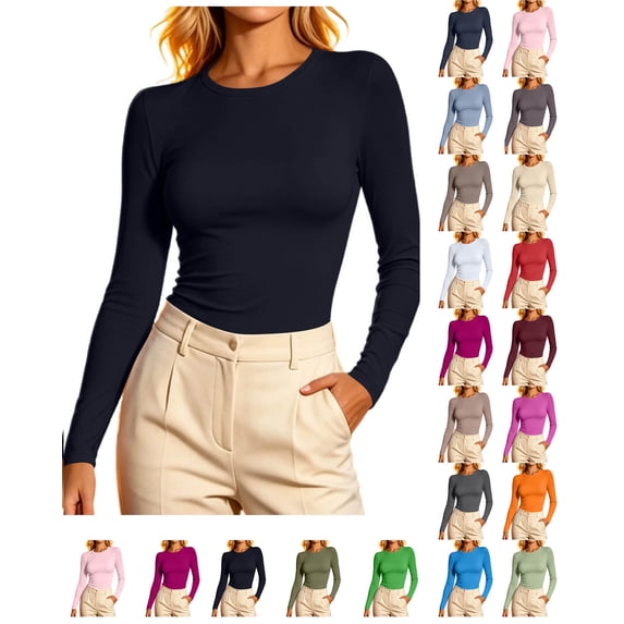 XRoczxe Women’s Crew Neck Long‑Sleeve Fitted Basic Shirt, Solid‑Color Stretchy Casual Layering Top