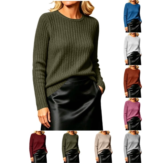 XRoczxe Women’s Crew Neck Long‑Sleeve Ribbed Knit Sweater, Casual Solid‑Color Relaxed‑Fit Pullover Top