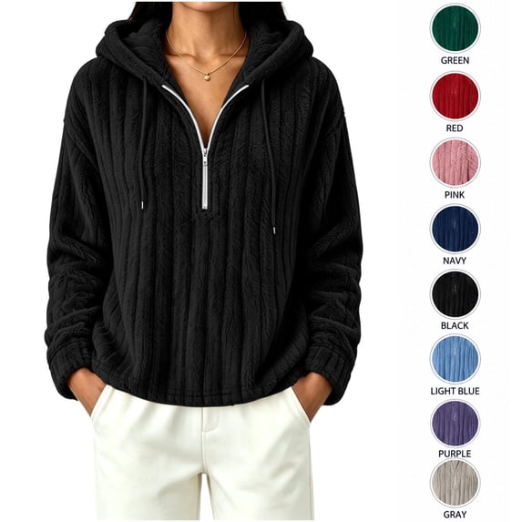 XRoczxe Women's Fluffy Sherpa Pullover Hoodie, Quarter Zip Fleece Sweatshirt with Pockets, Soft Warm Winter Lounge Top for Cold Weather & Casual Wear