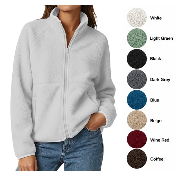 XRoczxe Women's Full Zip Sherpa Fleece Jacket, Soft Warm Teddy Coat with Zipper Pockets, Casual Stand Collar Winter Pullover for Daily Wear & Travel
