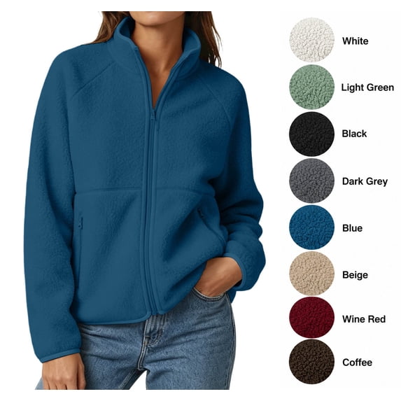 XRoczxe Women's Full Zip Sherpa Fleece Jacket, Soft Warm Teddy Coat with Zipper Pockets, Casual Stand Collar Winter Pullover for Daily Wear & Travel