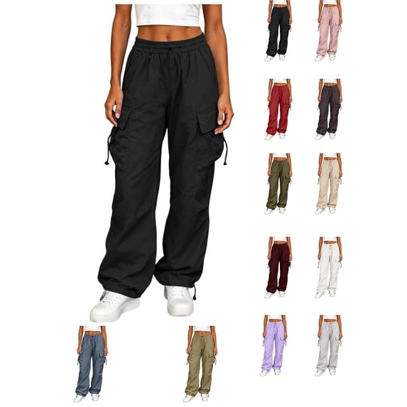 XRoczxe Women’s High Waist Cargo Pants, Casual Loose Wide Leg Drawstring Jogger Trousers with Multi‑Pockets