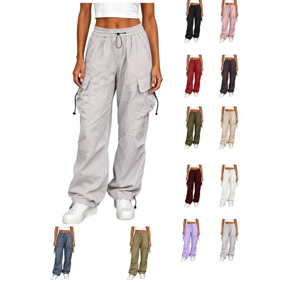 XRoczxe Women’s High Waist Cargo Pants, Casual Loose Wide Leg Drawstring Jogger Trousers with Multi‑Pockets