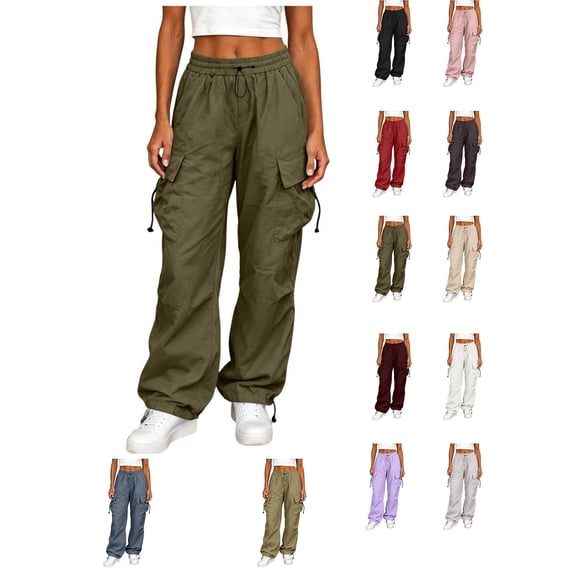 XRoczxe Women’s High Waist Cargo Pants, Casual Loose Wide Leg Drawstring Jogger Trousers with Multi‑Pockets