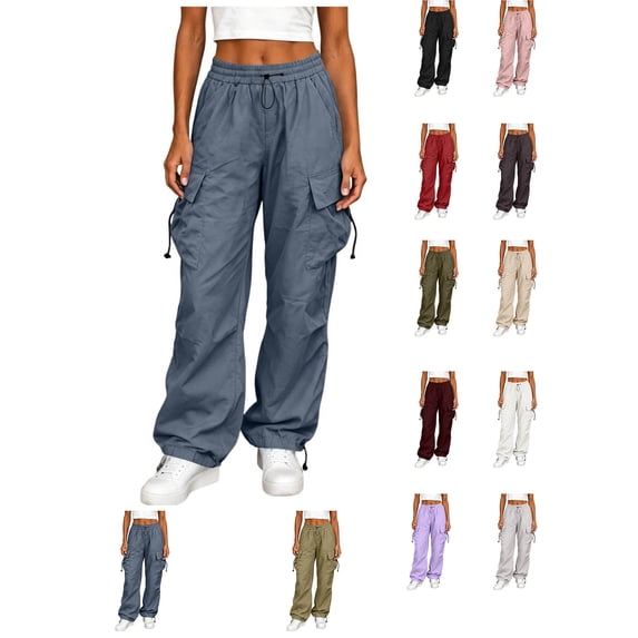 XRoczxe Women’s High Waist Cargo Pants, Casual Loose Wide Leg Drawstring Jogger Trousers with Multi‑Pockets