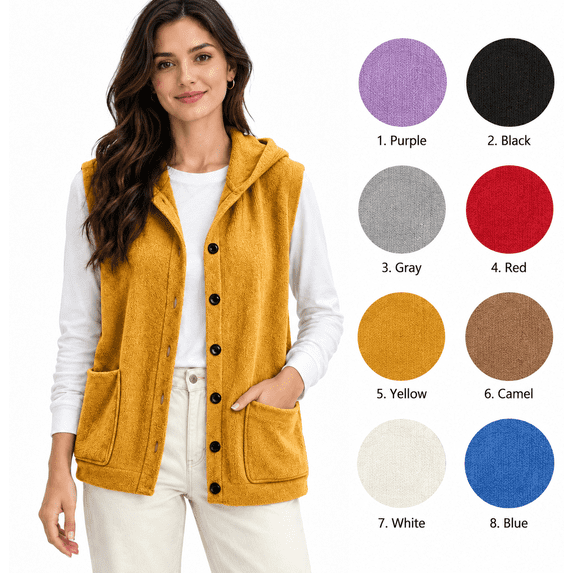 XRoczxe Women's Hooded Fleece Vest, Button Down Sherpa Sleeveless Jacket with Pockets, Soft Warm Winter Layering Waistcoat for Fall & Cold Weather