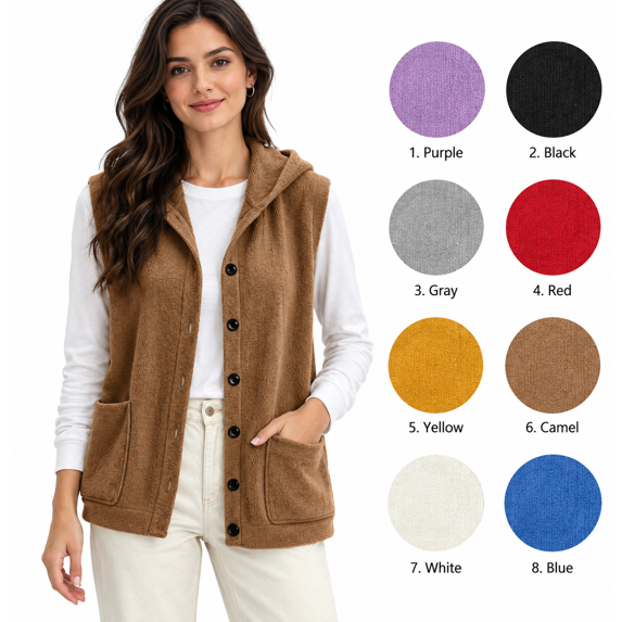 XRoczxe Women's Hooded Fleece Vest, Button Down Sherpa Sleeveless Jacket with Pockets, Soft Warm Winter Layering Waistcoat for Fall & Cold Weather