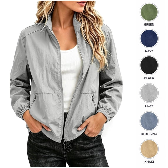 XRoczxe Women's Lightweight Bomber Jacket, Zip Up Windbreaker Coat with Zipper Pockets, Casual Stand Collar Spring Fall Outerwear for Travel & Daily Wear